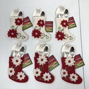 Cracker Barrel Christmas Stocking Utensil Silverware Holder Poinsettia Set Of 6